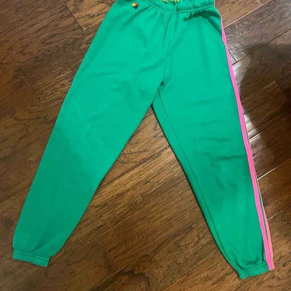 Aviator Nation Green Sweatpants with Pink Orange and Yellow Stripes - Picture 2 of 5